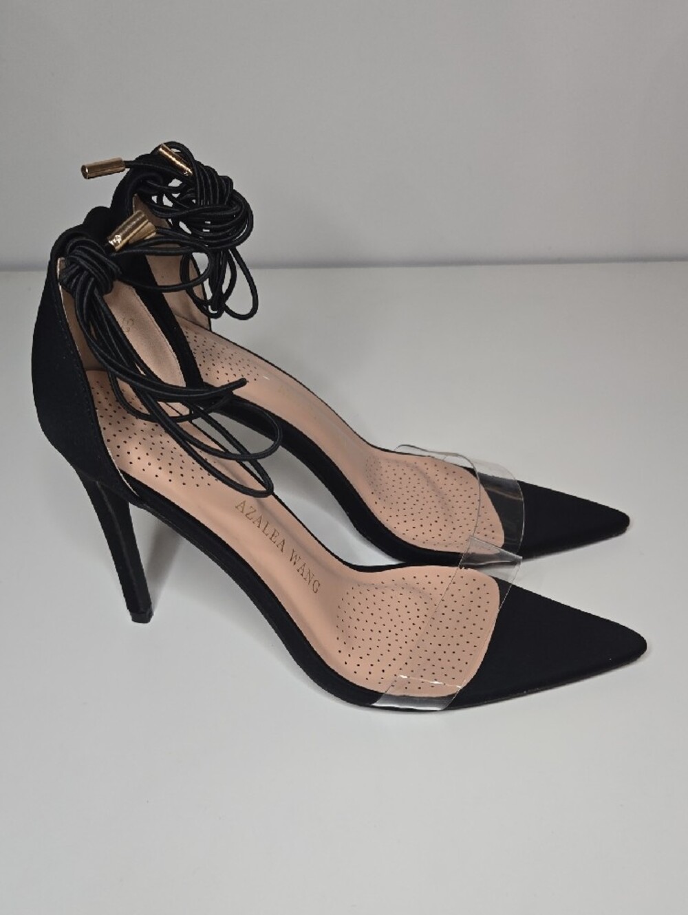 Azalea Wang Black And Clear Pointed Toe Lace Up Heels Sz 10 BinD - Picture 2 of 4